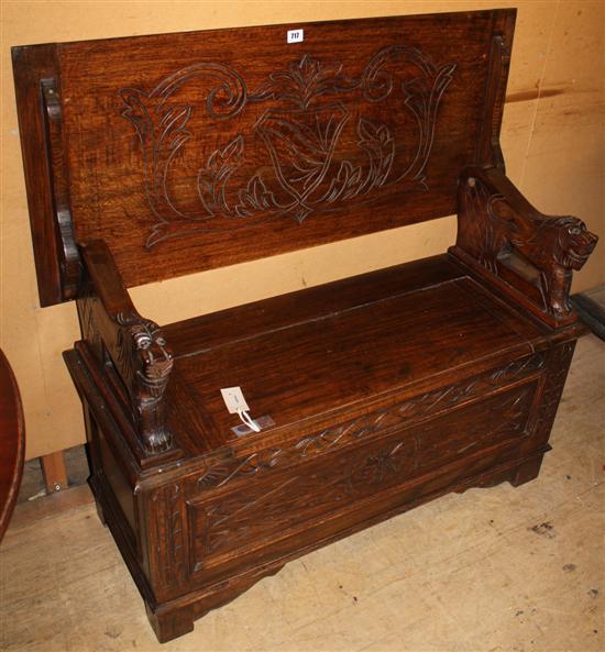 Carved oak monks bench